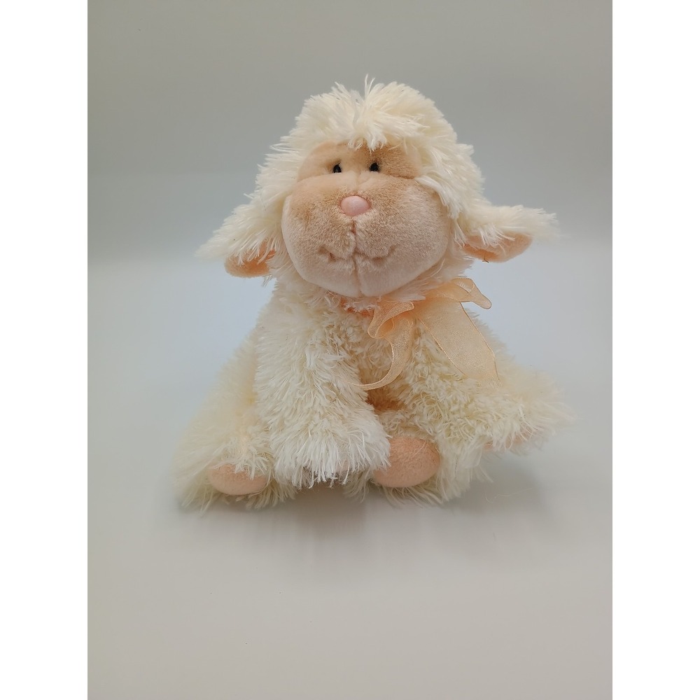 8" RUSS BERRIE Cream Colored Peach Bow LILI Plush Lamb Sheep B5